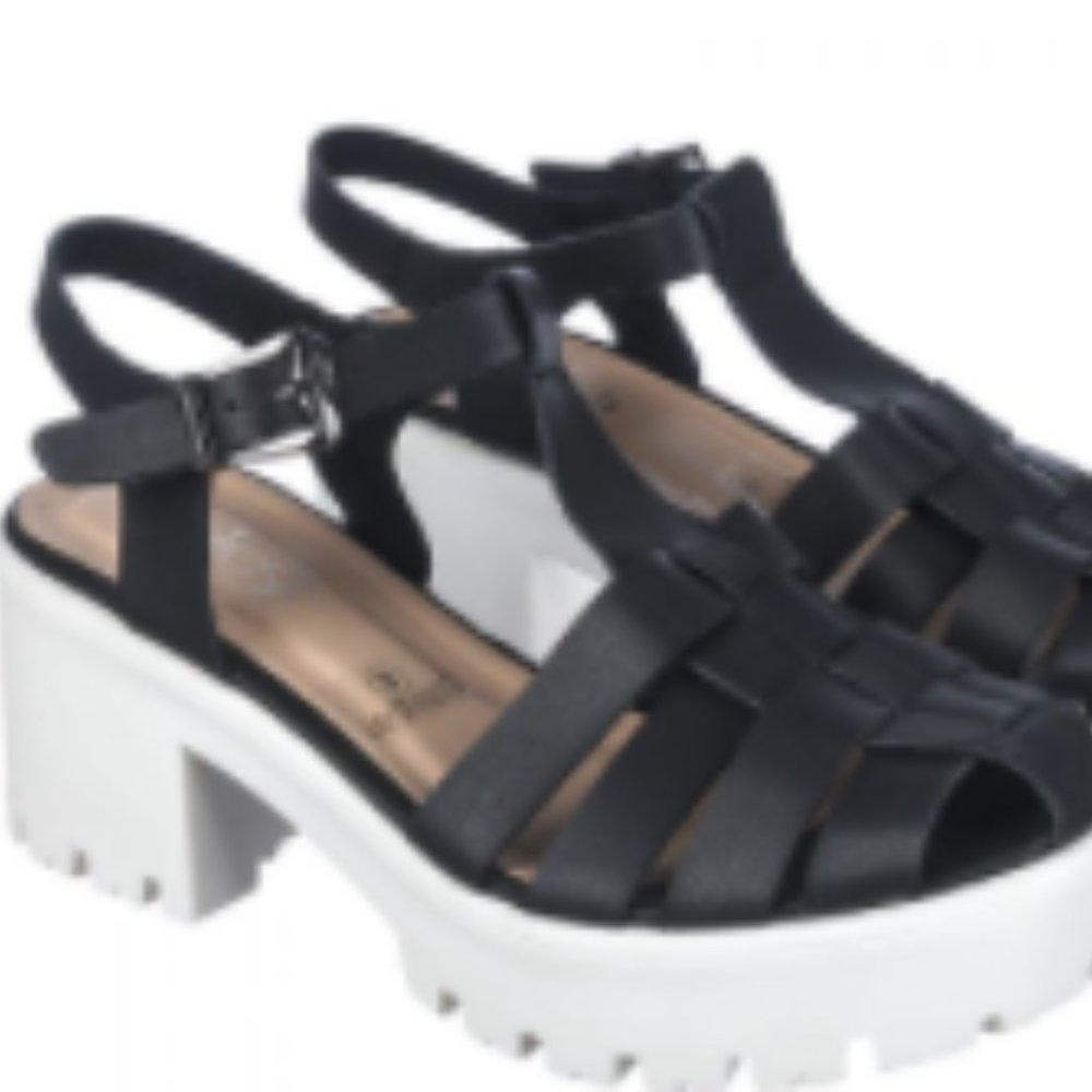 Block heel black and white strappy shoes